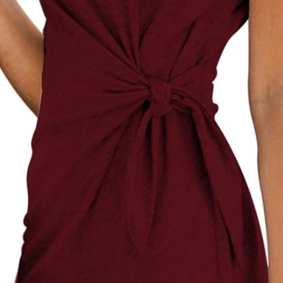 Women’s Tie Waist Cap Sleeve T-Shirt Dress in Wine Red - Picture 2 of 13